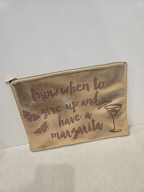 'Know When To Give Up & Have A Margarita' Gold Metallic Zip Pouch w/ Pink Script